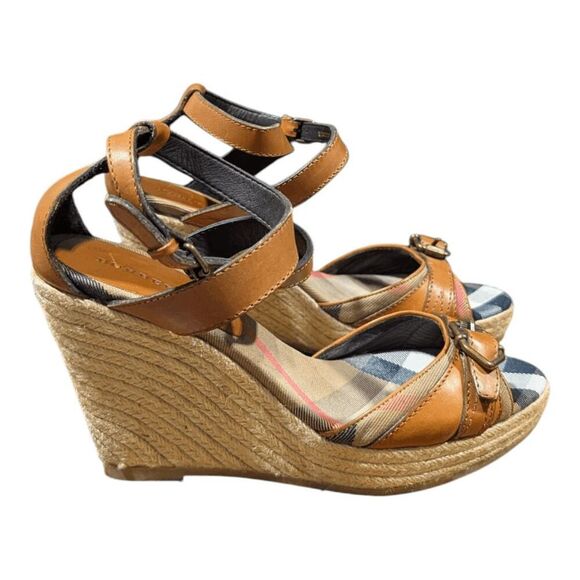BURBERRY Nova Check Canvas/Leather Espadrille Wedge Sandals Size 40 - Picture 3 of 9